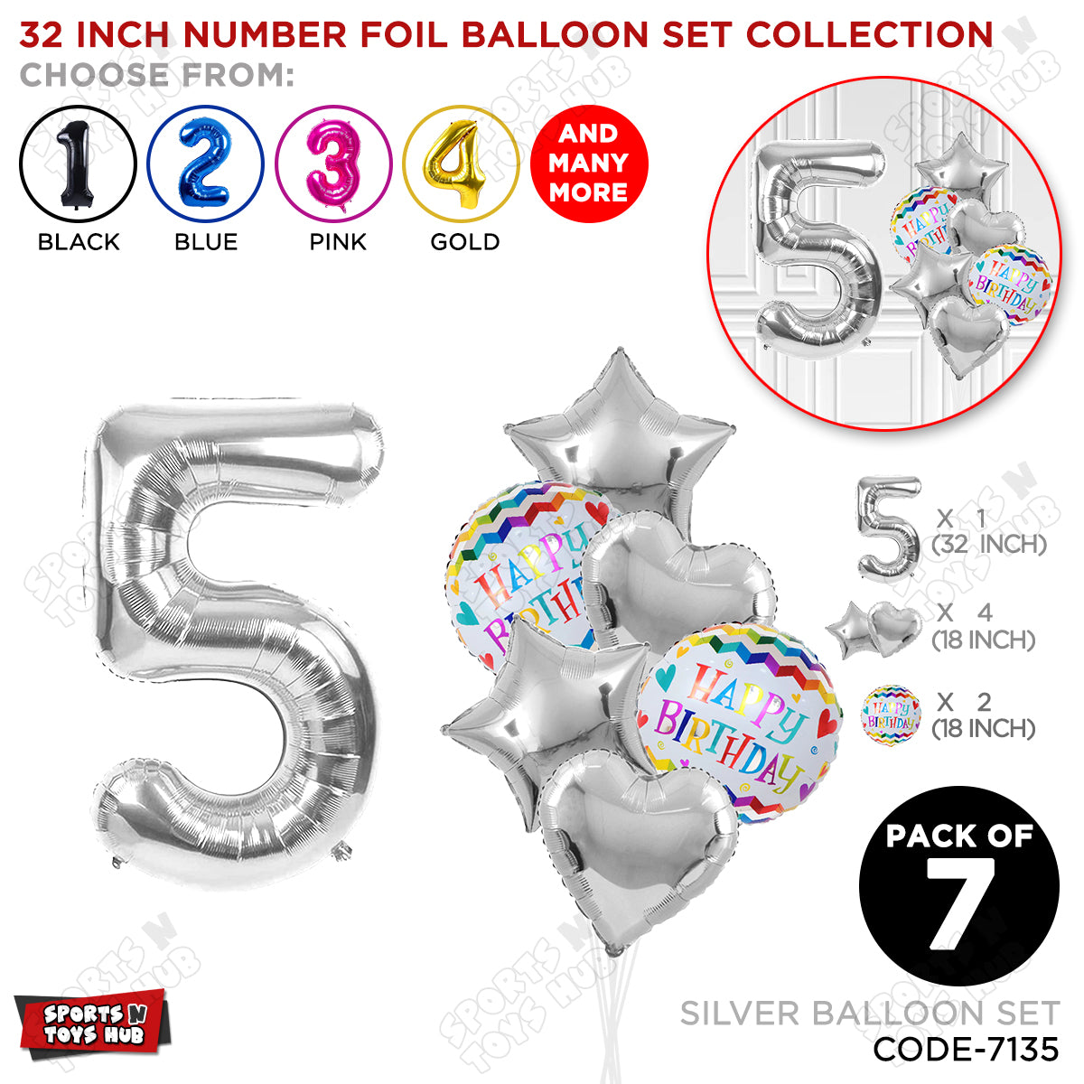 32 Inch Silver Color Number Foil Balloon With Round Printed Balloon Set