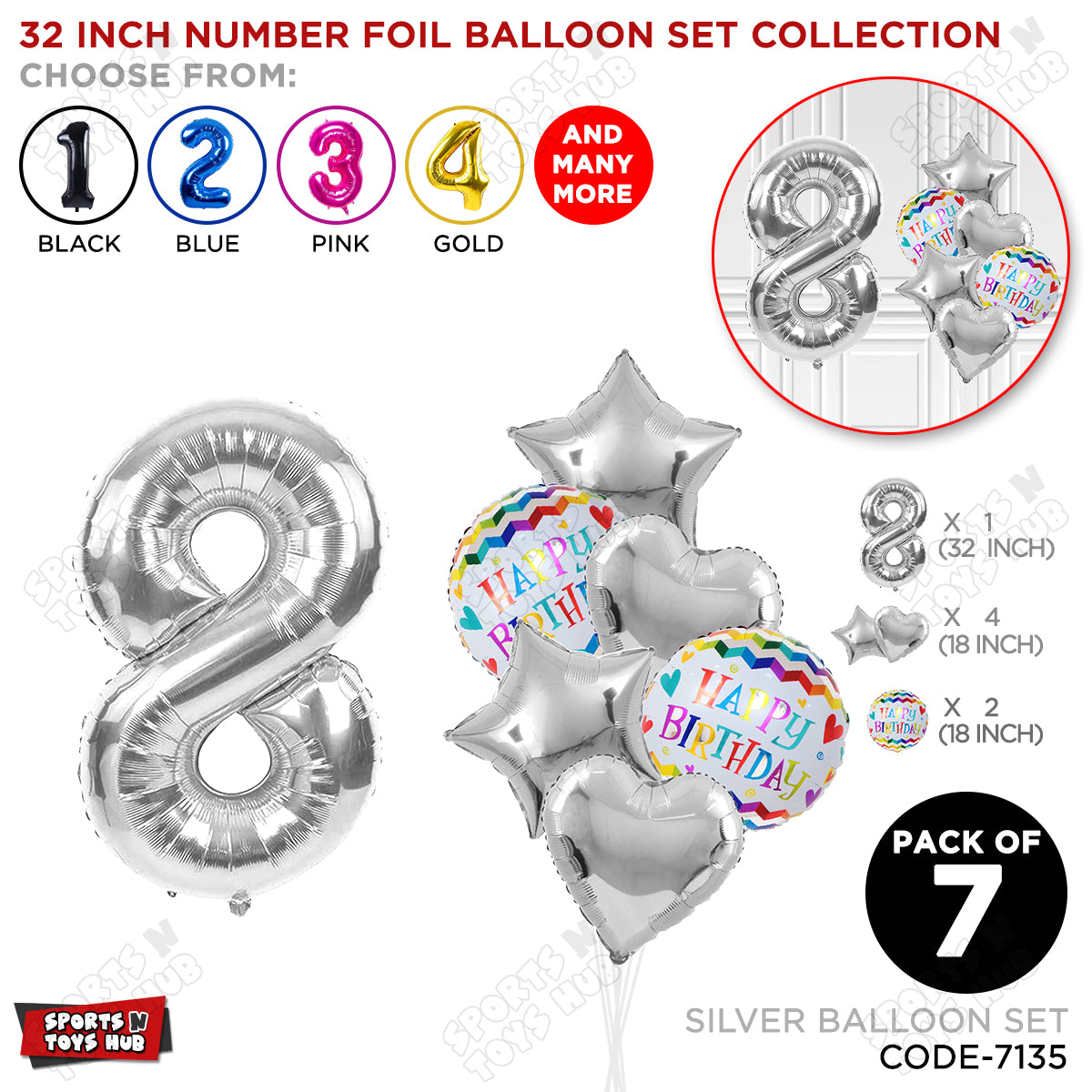 32 Inch Silver Color Number Foil Balloon With Round Printed Balloon Set