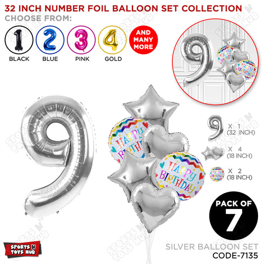 32 Inch Silver Color Number Foil Balloon With Round Printed Balloon Set