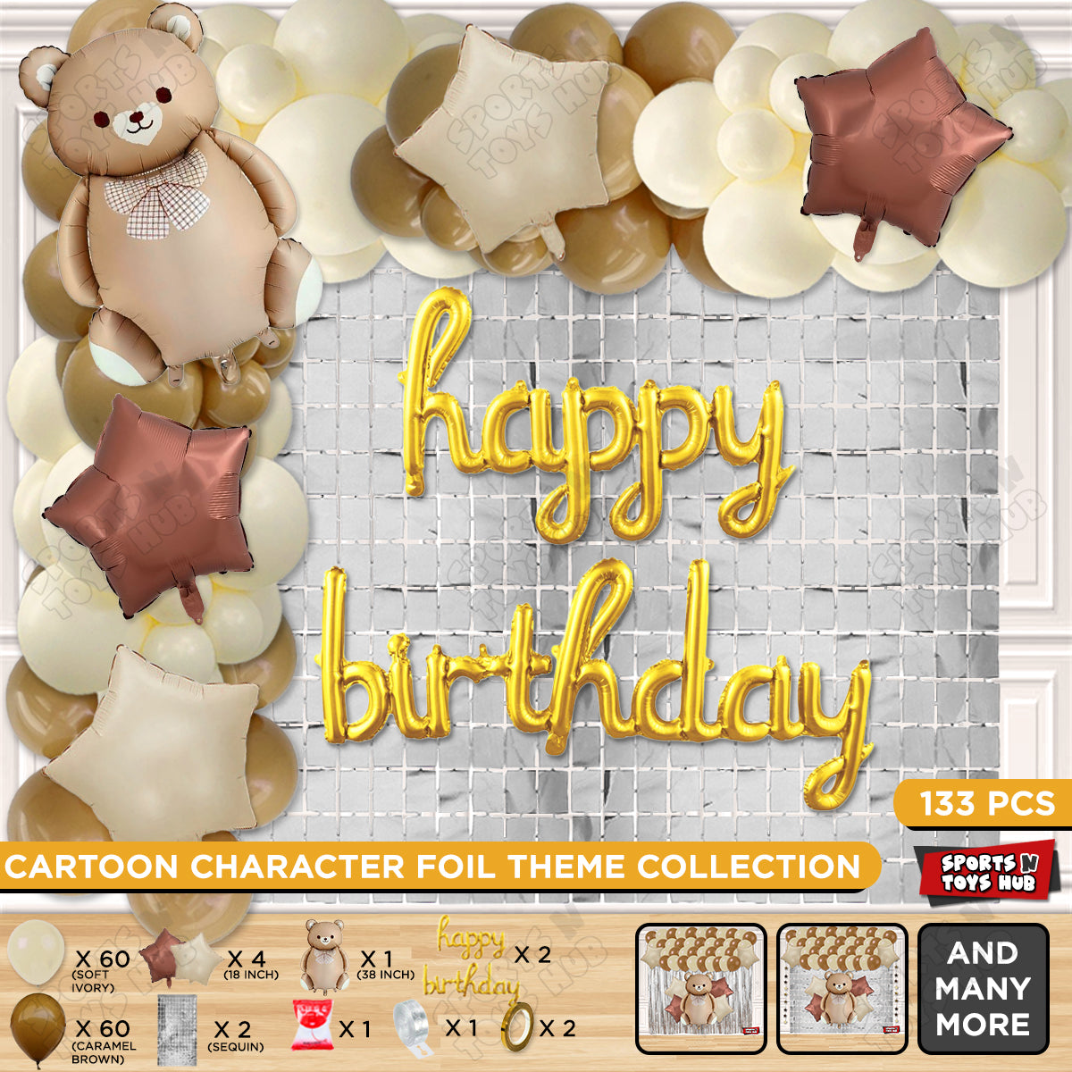 Teddy Bear Foil Balloon Set With Happy Birthday Foil Letter Arch Theme
