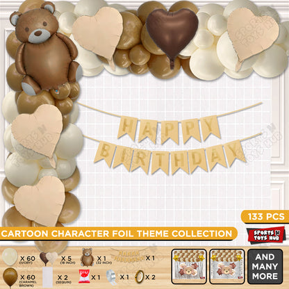 Teddy Bear Foil and Latex Balloon Arch Theme Set with Happy Birthday Card Banner and Foil Curtains