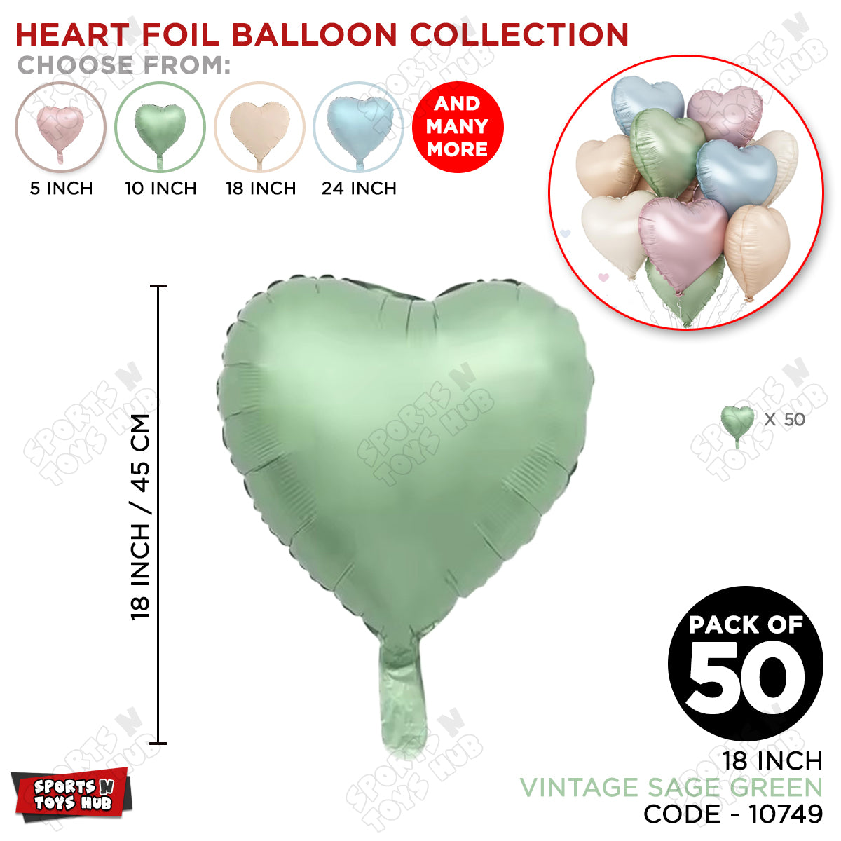 18 Inch - Vintage Sage Green Heart Foil Balloon