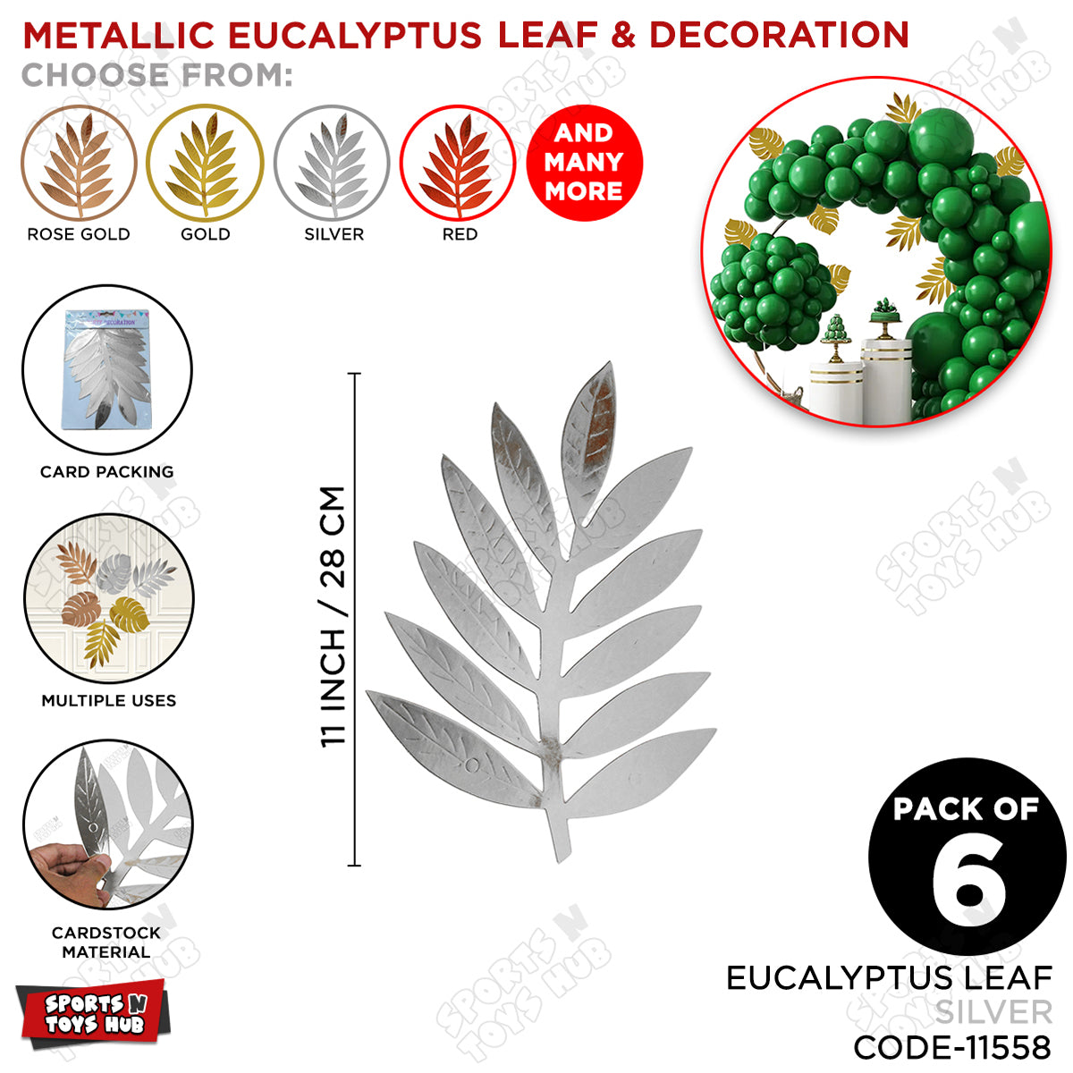 3D Metallic Eucalyptus Leaf For Party Decoration - Pack Of 6